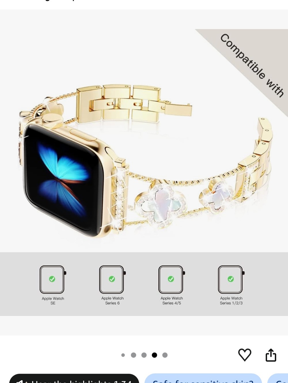 Gold Floral Crystal Bracelet Band for Apple Watch - Picture 2 of 7